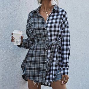 Gingham & Tartan Belted Oversized Longline Blouse